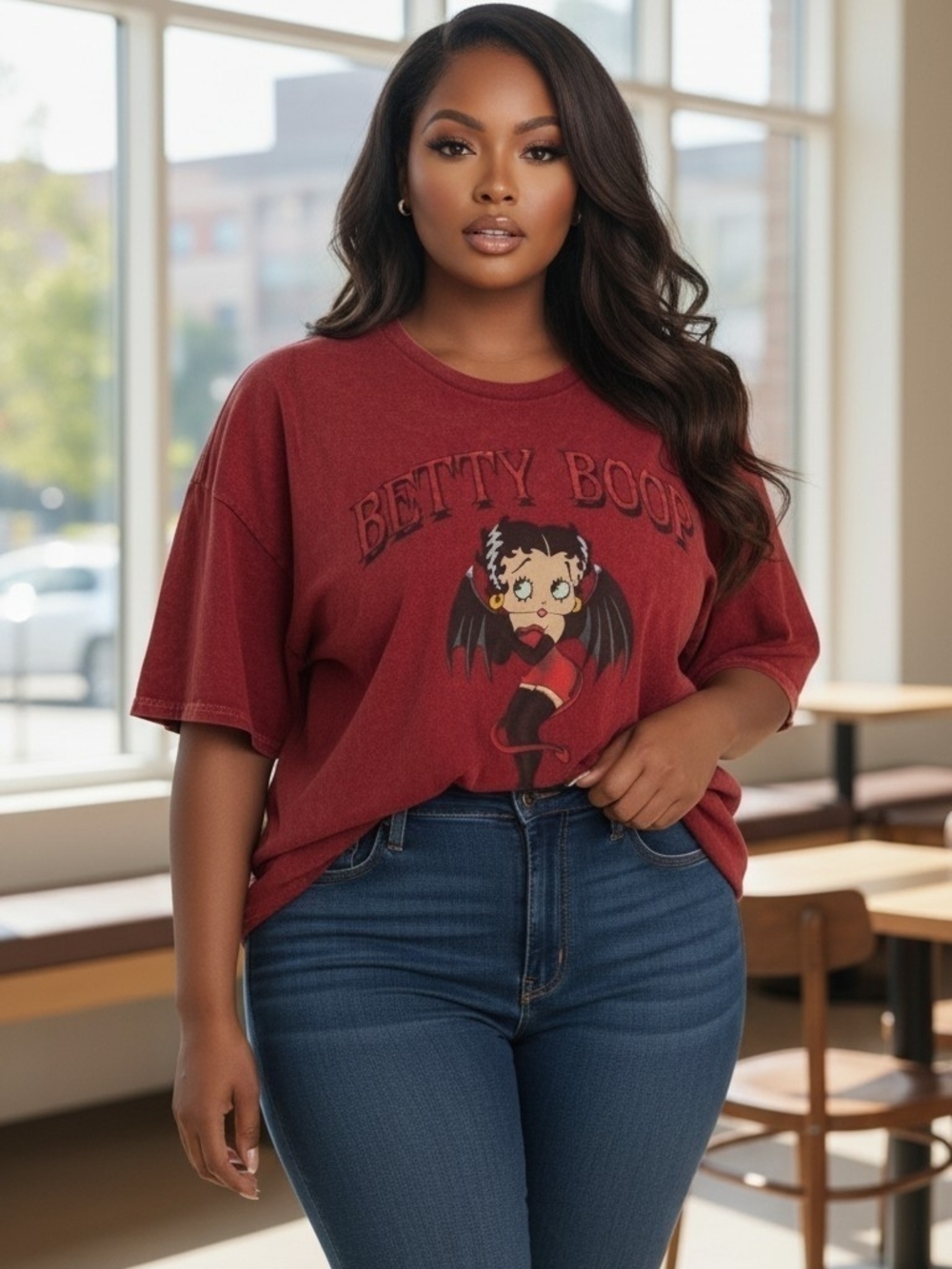 Fashion Nova Betty Boop Devil Graphic Acid Wash T-Shirt 1X Red Halloween (EUC)